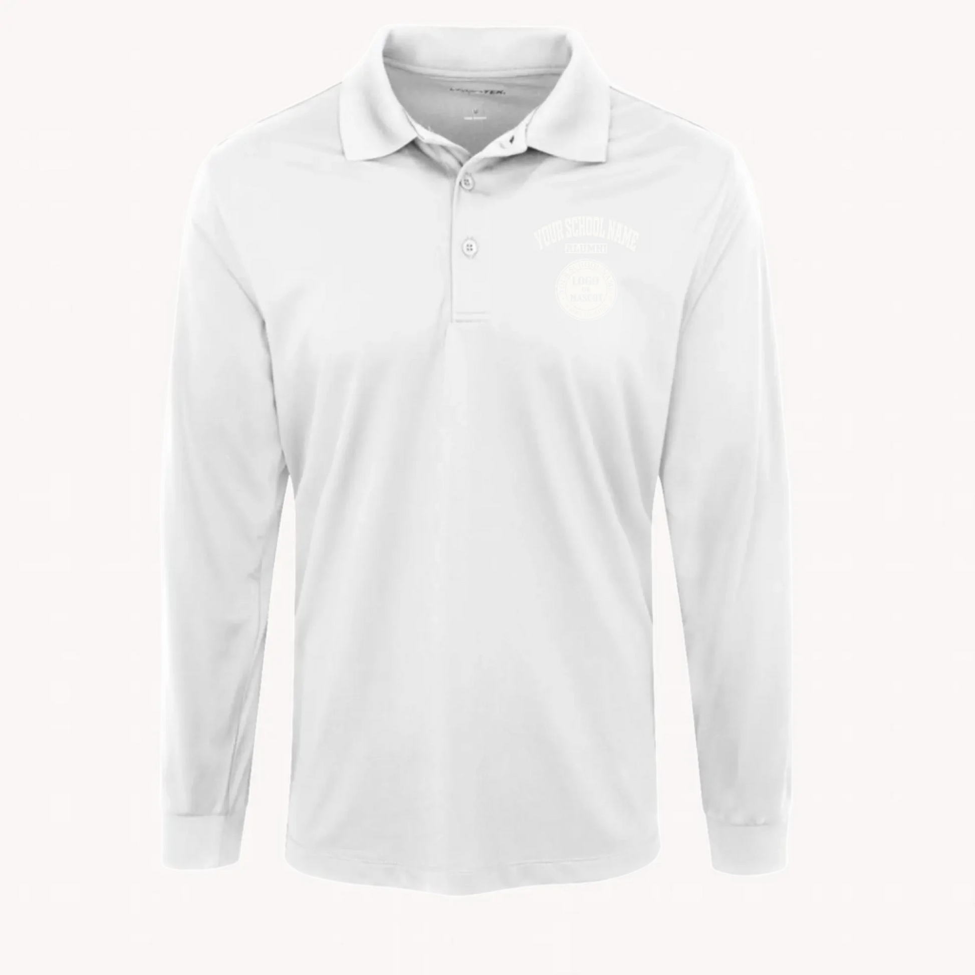A classic white custom alumni long sleeve pro polo, designed to keep you sharp, dry, and composed.