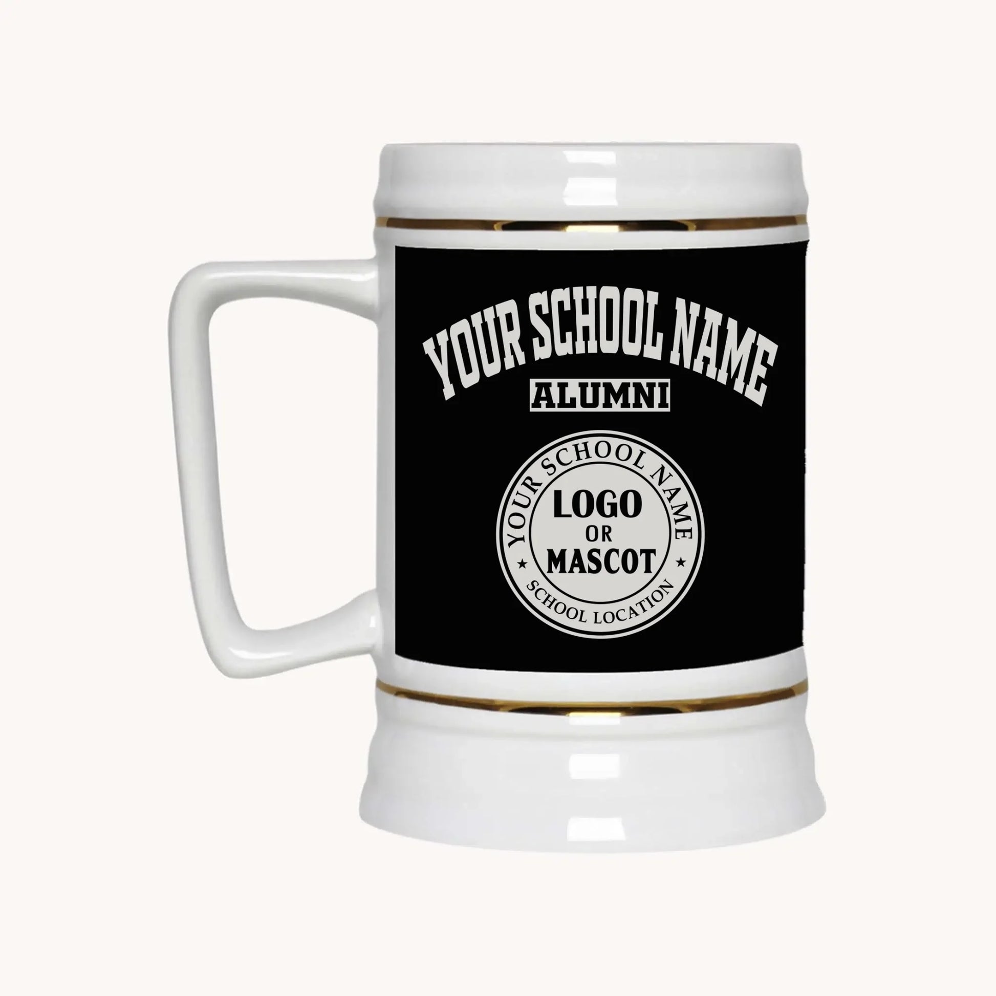 A 22oz ceramic beer stein in black, a perfect personalized alumni gift for graduates from Almatershop