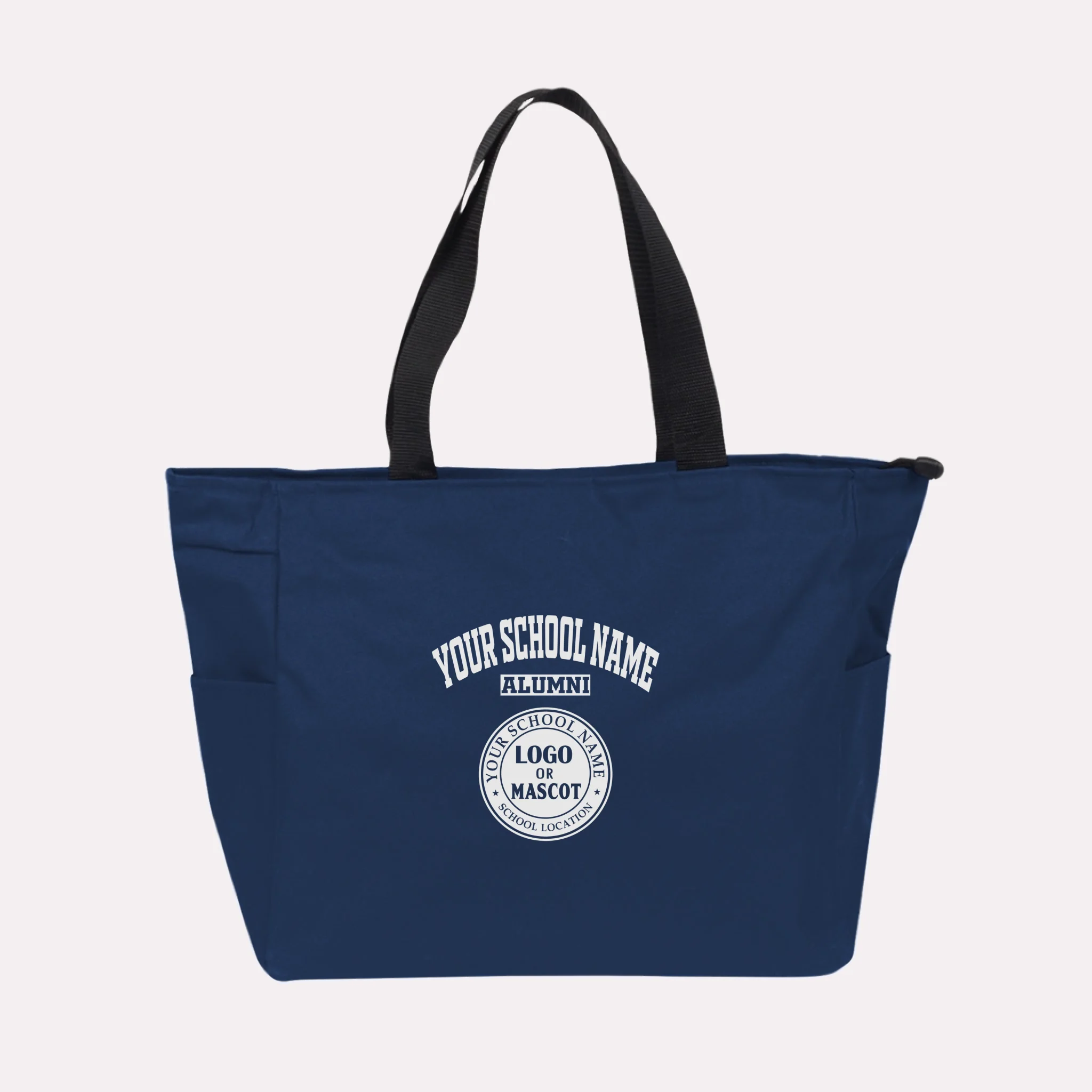 A royal blue custom college apparel tote bag, a great souvenir for university alumni.