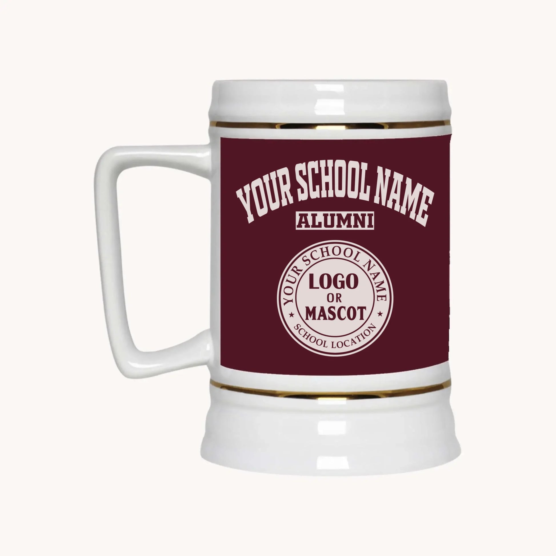 A 22oz ceramic beer stein in maroon, a custom university beer mug for alumni by Almatershop.