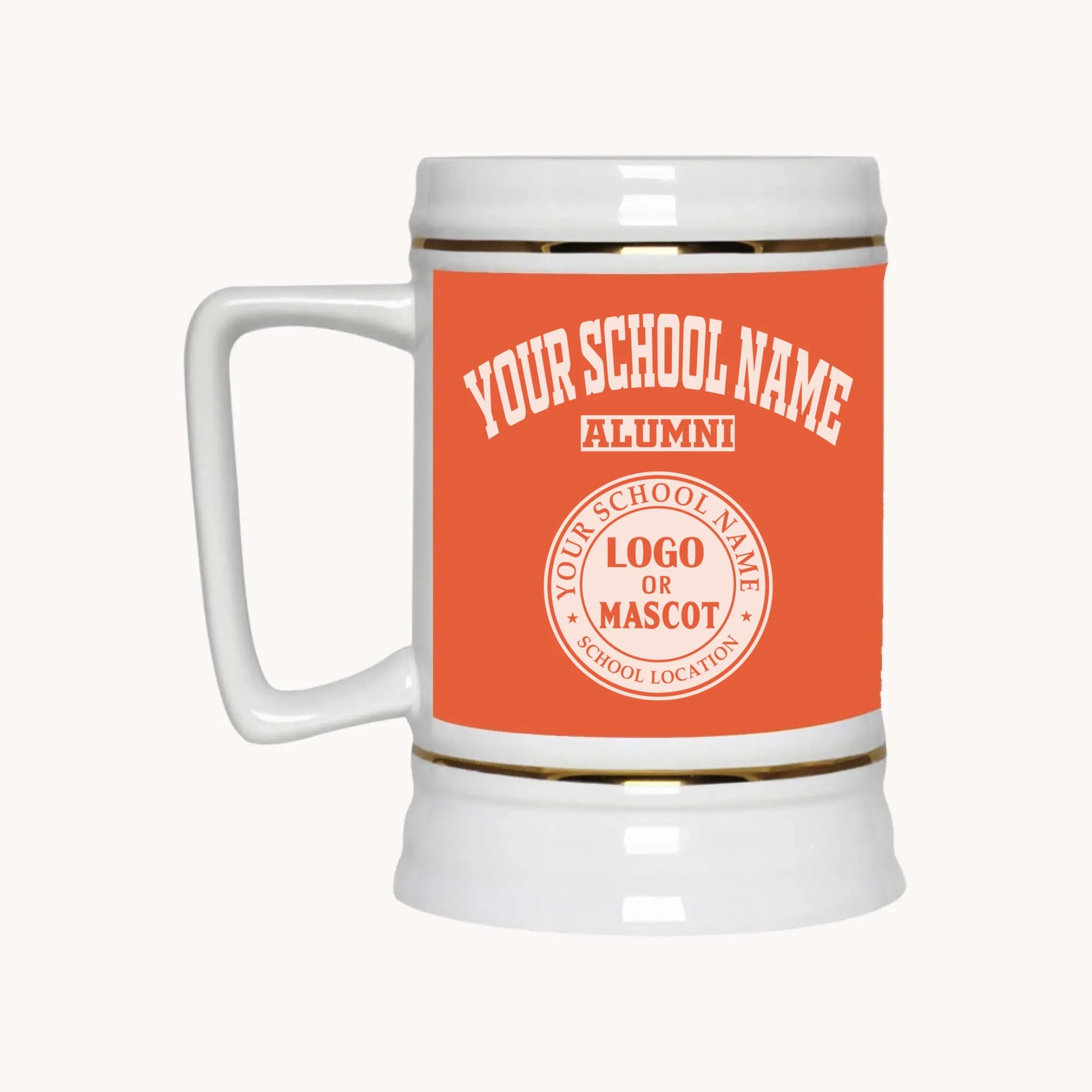 A 22oz ceramic beer stein in orange, a custom college beer stein for proud alumni by Almatershop.
