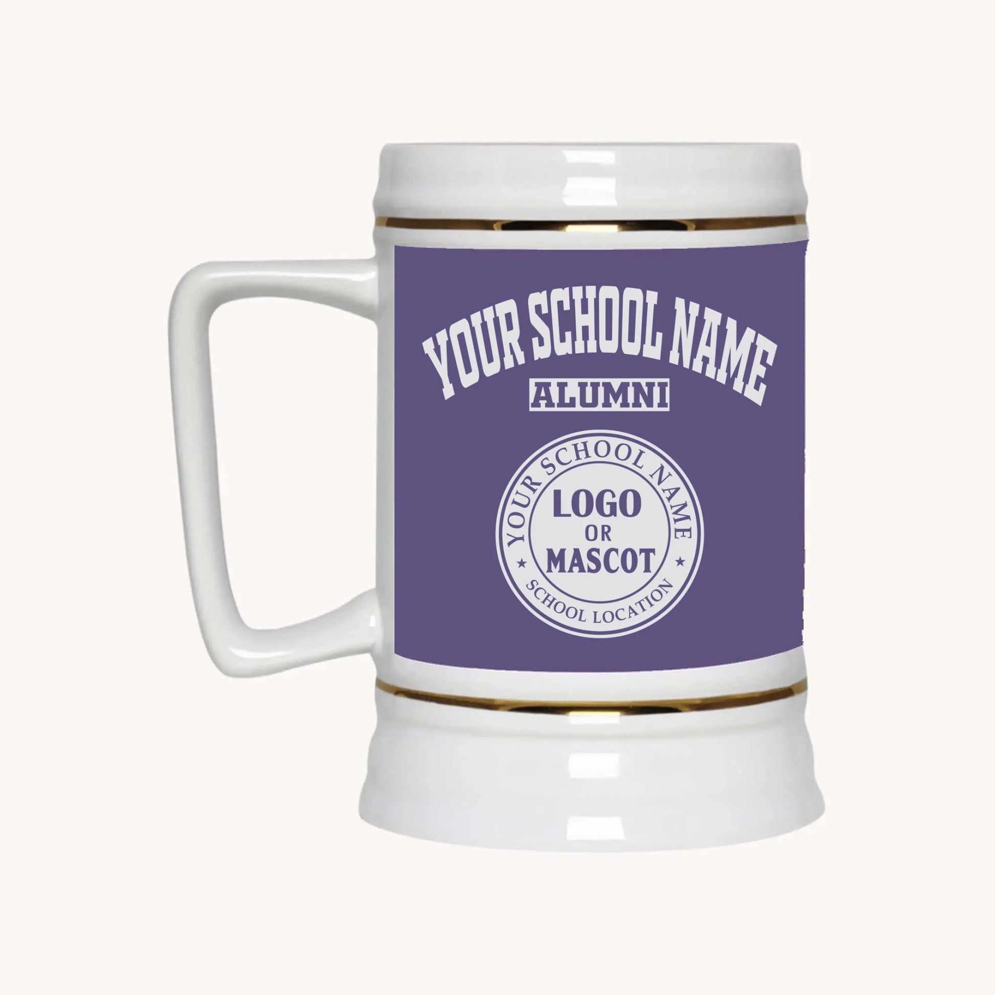 A 22oz ceramic beer stein in purple, a personalized gift for high school or college reunions from Almatershop.