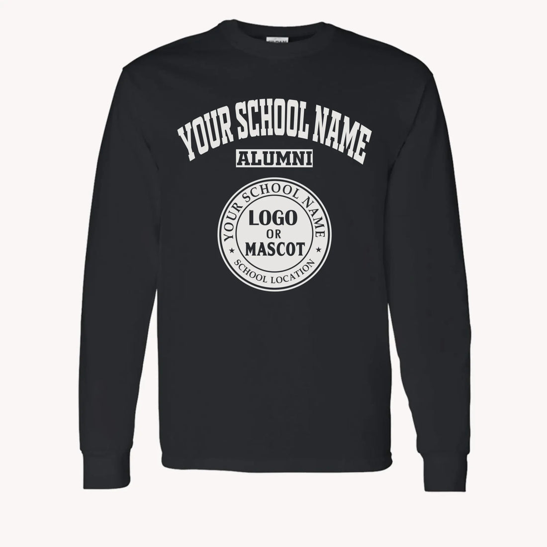 A purple custom alumni long sleeve t-shirt with a personalized classic school logo, a perfect class reunion gift.