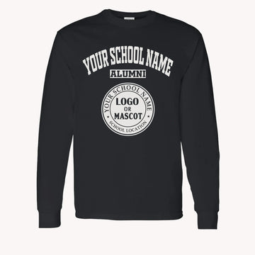 A purple custom alumni long sleeve t-shirt with a personalized classic school logo, a perfect class reunion gift.