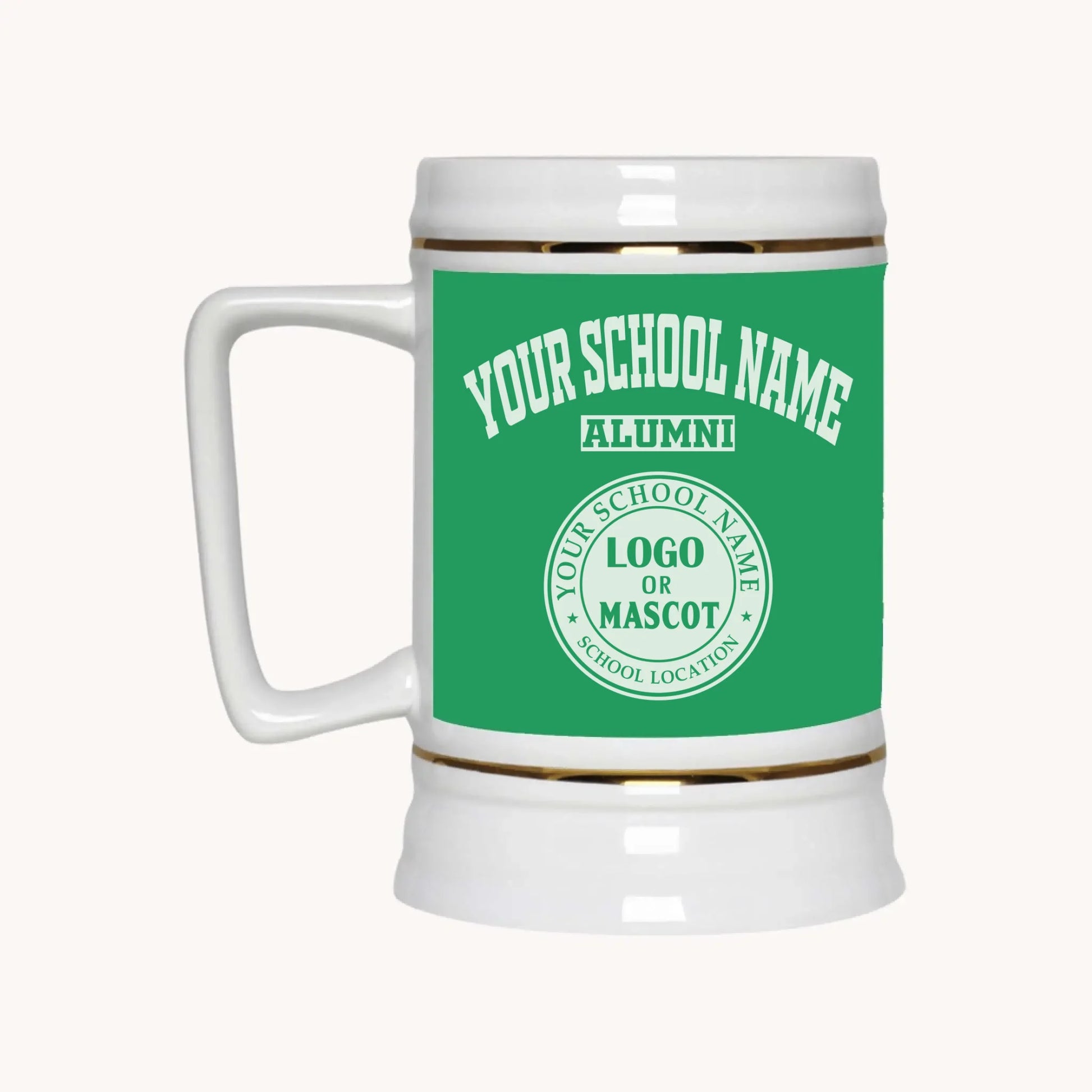 A 22oz ceramic beer stein in Irish green, a personalized alumni gift idea from Almatershop.