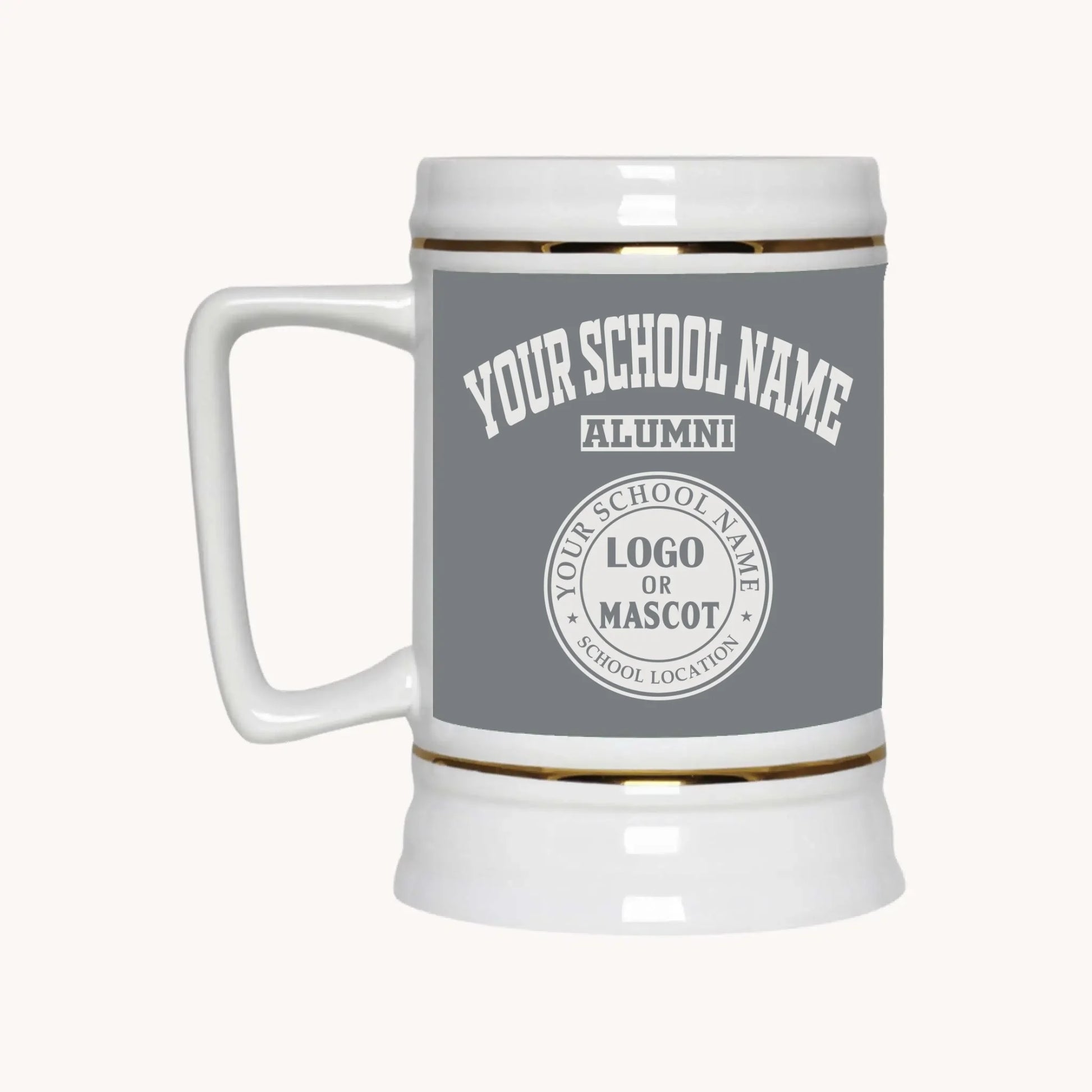 A 22oz ceramic beer stein in dark heather grey, a perfect personalized gift for college graduates by Almatershop.