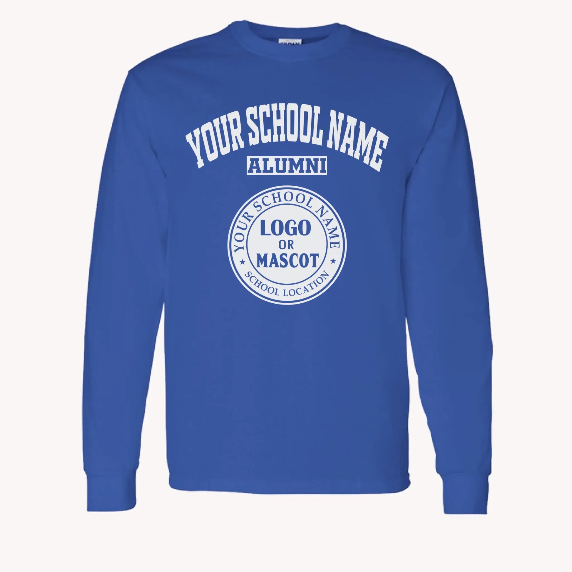 A purple custom alumni long sleeve t-shirt with a personalized classic school logo, a perfect class reunion gift.