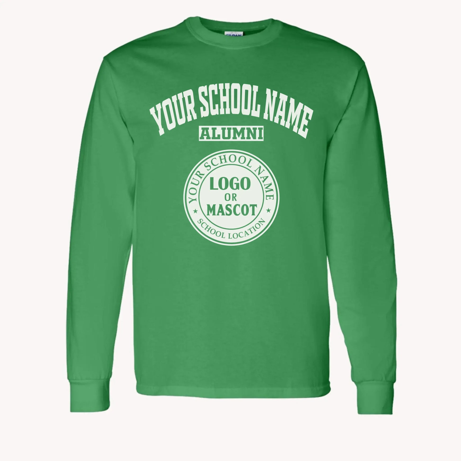 A purple custom alumni long sleeve t-shirt with a personalized classic school logo, a perfect class reunion gift.