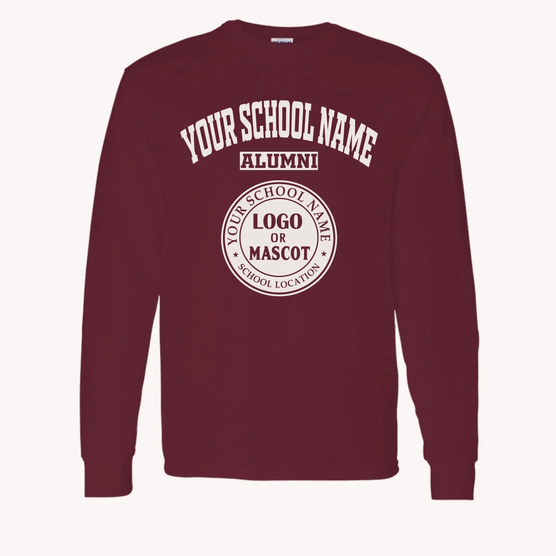 A purple custom alumni long sleeve t-shirt with a personalized classic school logo, a perfect class reunion gift.