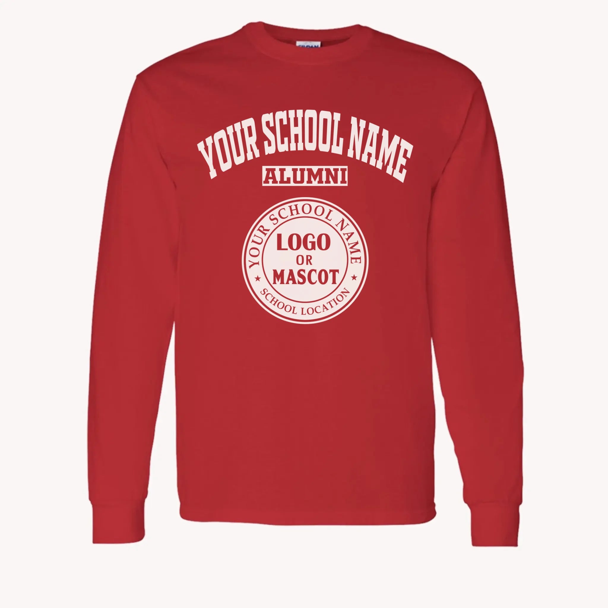 A purple custom alumni long sleeve t-shirt with a personalized classic school logo, a perfect class reunion gift.