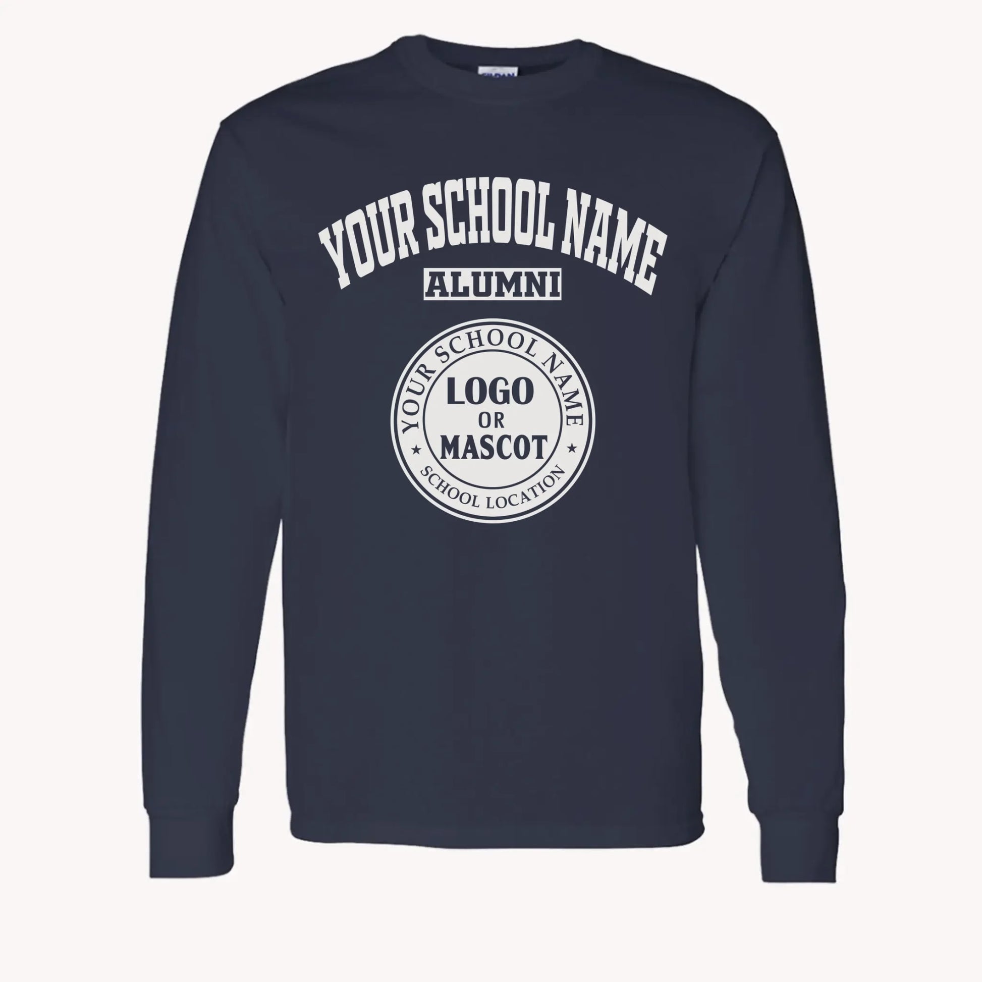 A purple custom alumni long sleeve t-shirt with a personalized classic school logo, a perfect class reunion gift.