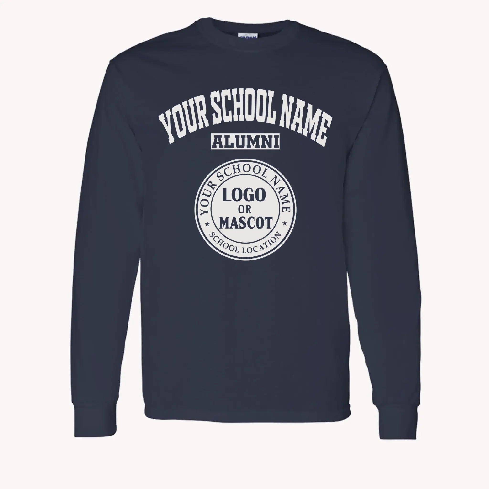 A purple custom alumni long sleeve t-shirt with a personalized classic school logo, a perfect class reunion gift.
