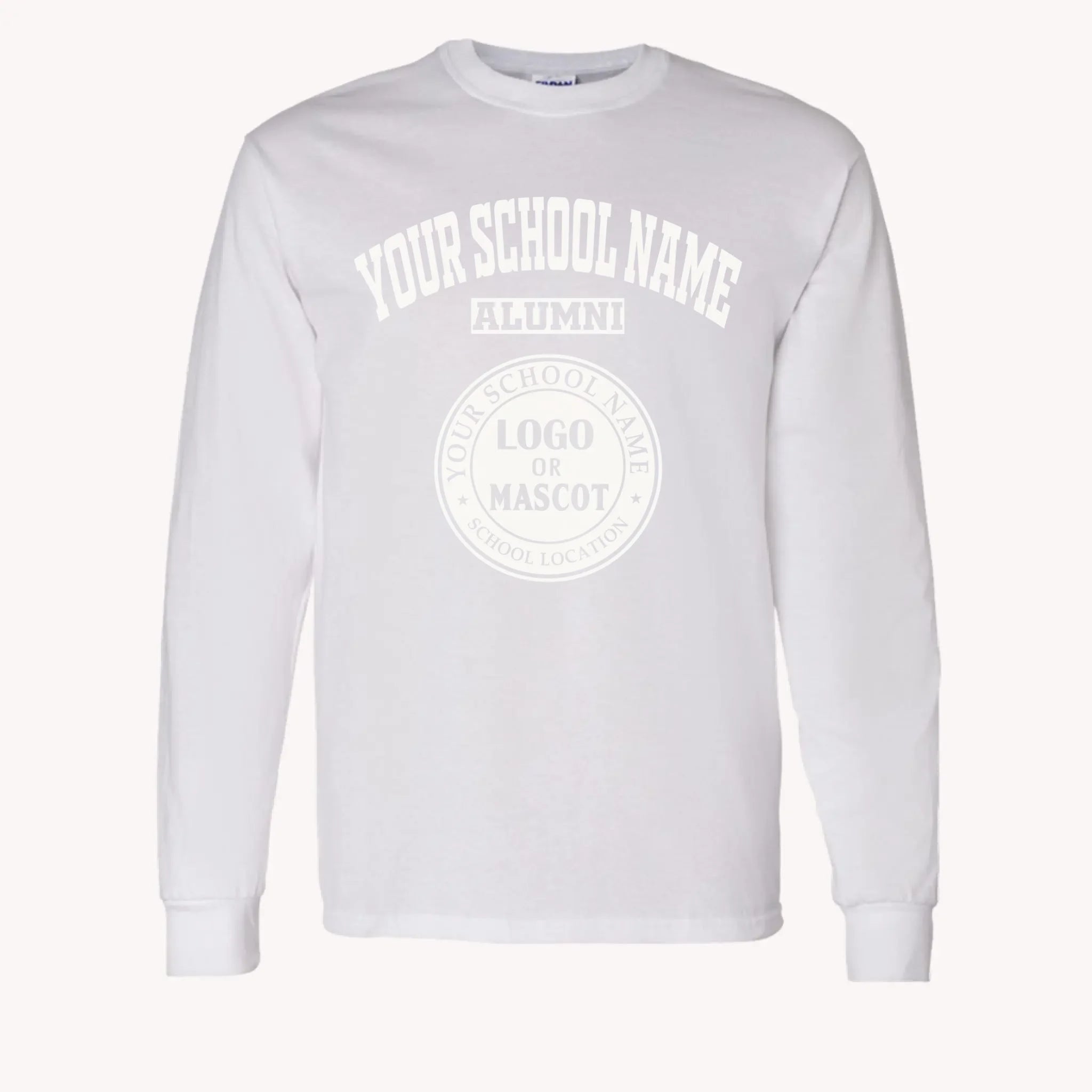 A purple custom alumni long sleeve t-shirt with a personalized classic school logo, a perfect class reunion gift.