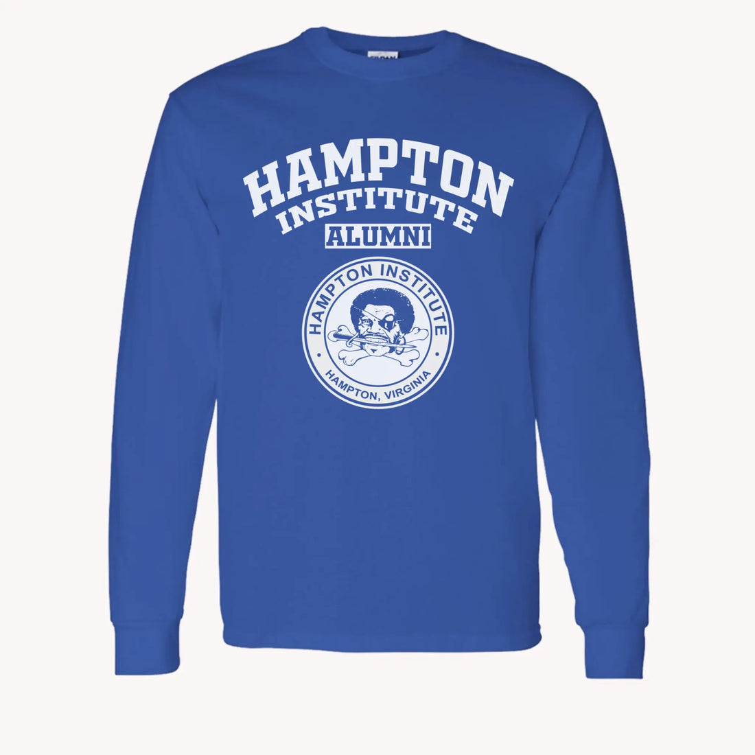A purple custom alumni long sleeve t-shirt with a personalized classic school logo, a perfect class reunion gift.