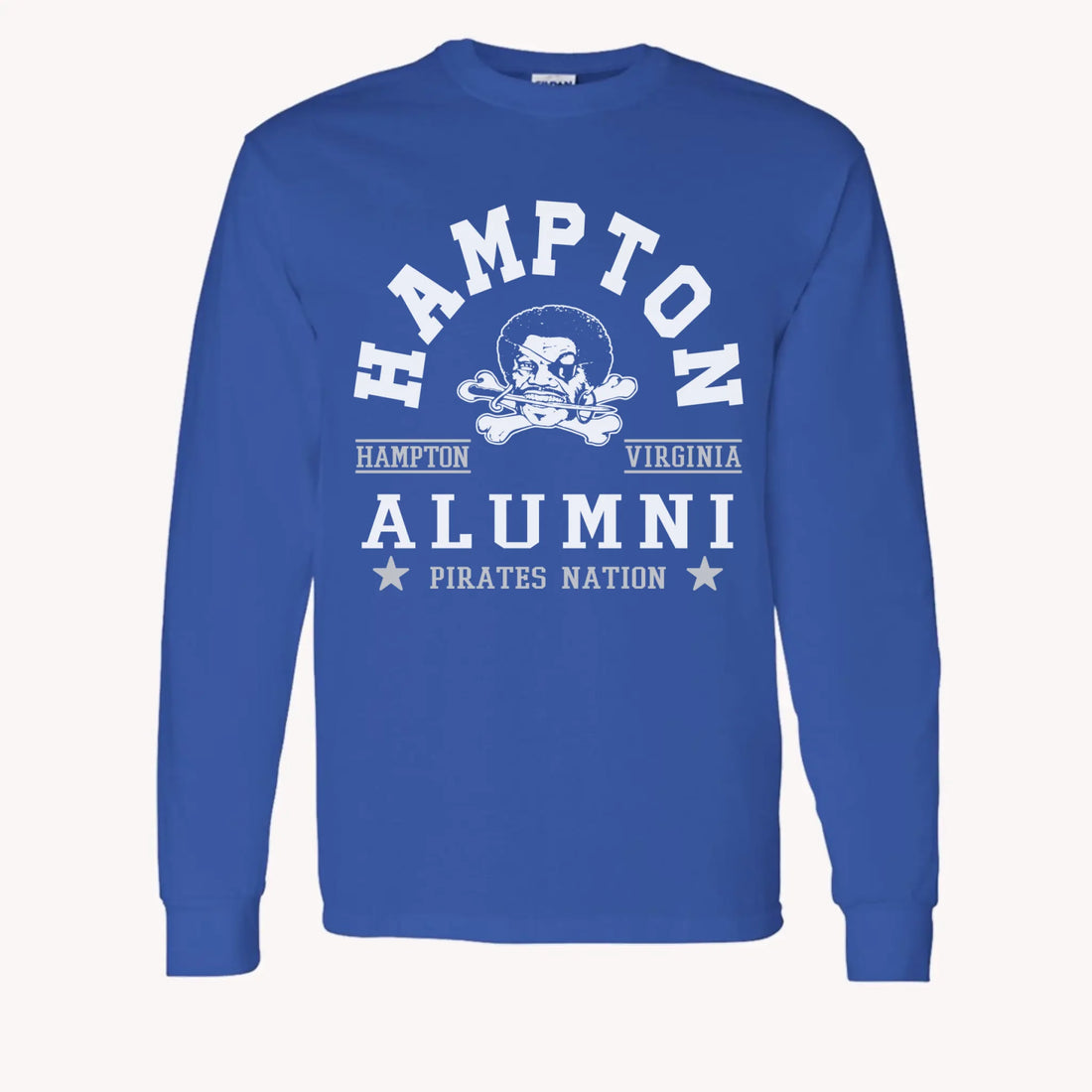 A purple custom alumni long sleeve t-shirt with a personalized classic school logo, a perfect class reunion gift.