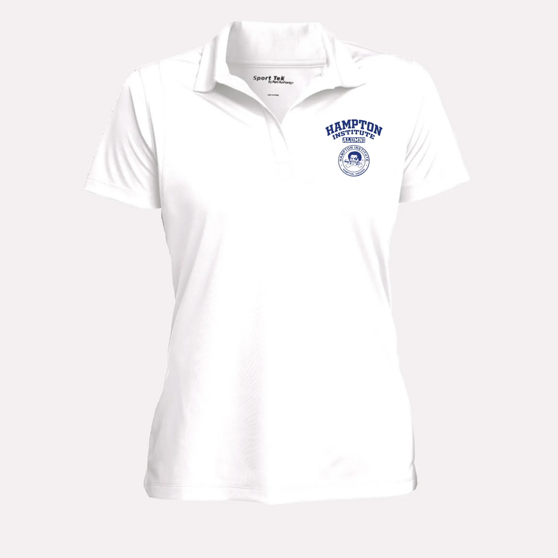 A crisp white custom alumni polo shirt for women, designed with a feminine fit and a polished, professional look.