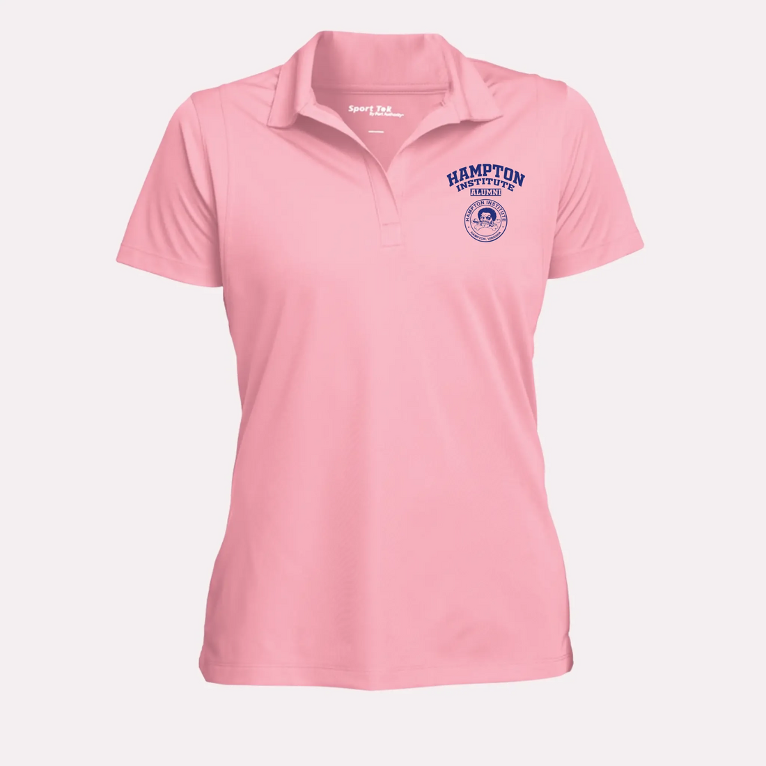 A crisp white custom alumni polo shirt for women, designed with a feminine fit and a polished, professional look.