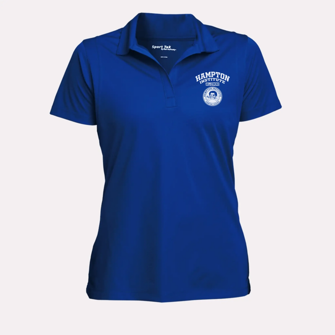 A royal blue women's performance polo, a great university alumni gift for her with a modern, tailored silhouette.
