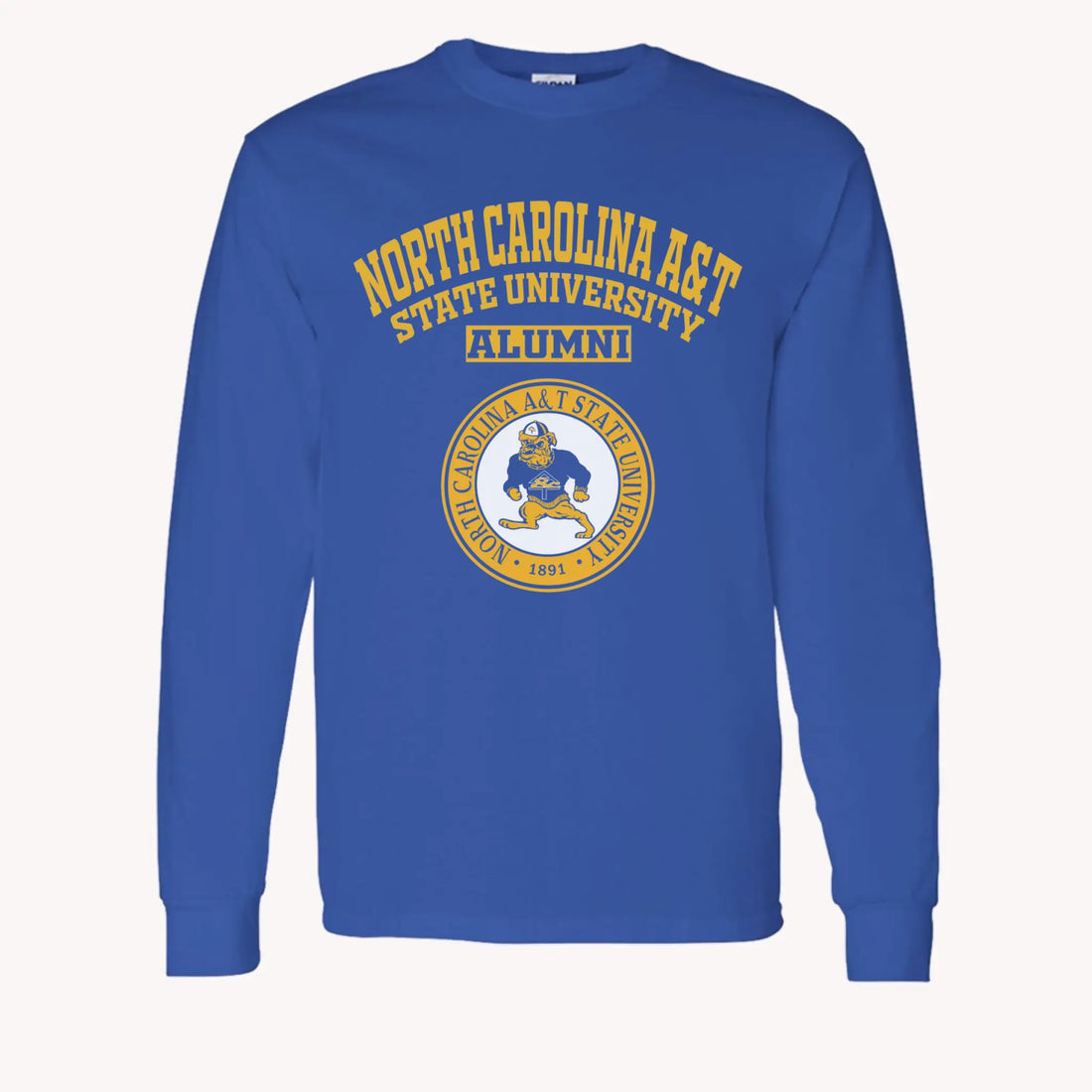 A purple custom alumni long sleeve t-shirt with a personalized classic school logo, a perfect class reunion gift.
