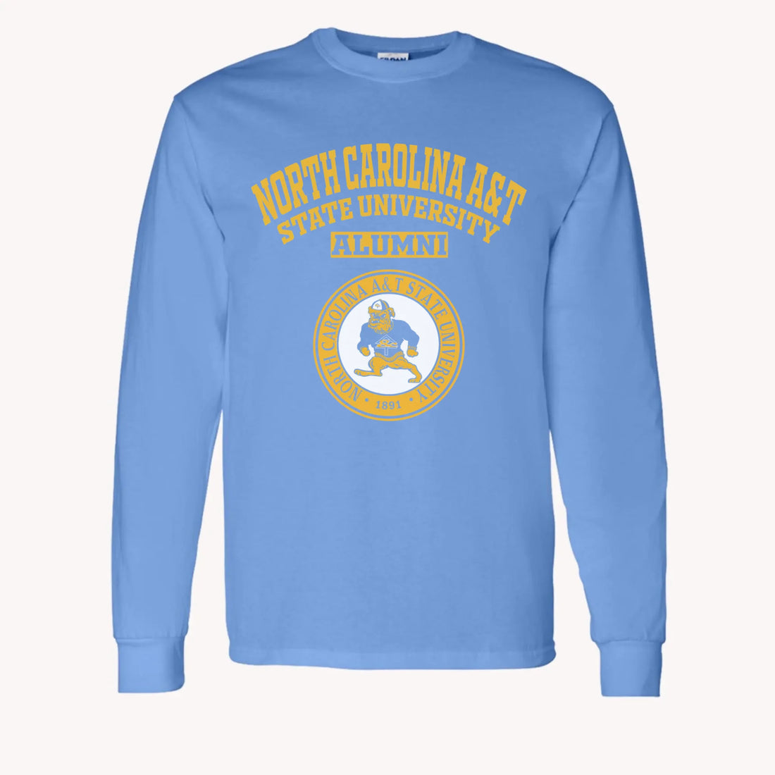 A purple custom alumni long sleeve t-shirt with a personalized classic school logo, a perfect class reunion gift.