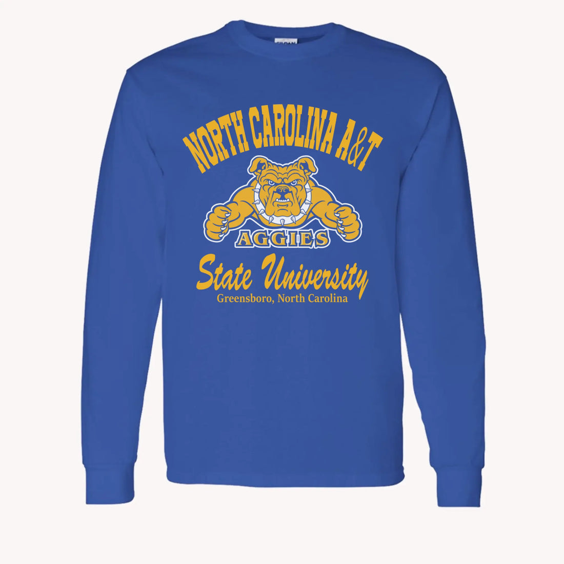 A purple custom alumni long sleeve t-shirt with a personalized classic school logo, a perfect class reunion gift.