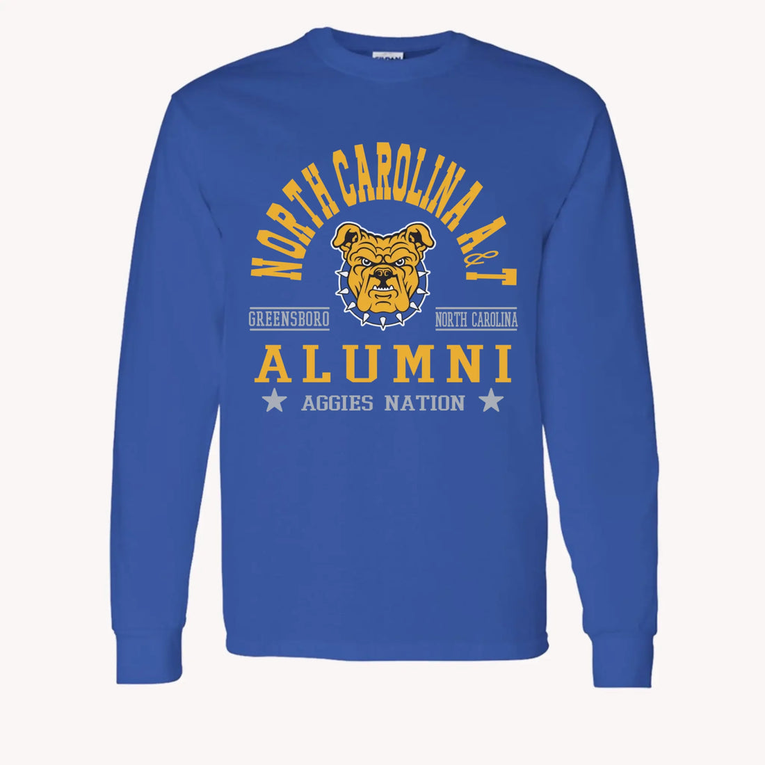 A purple custom alumni long sleeve t-shirt with a personalized classic school logo, a perfect class reunion gift.