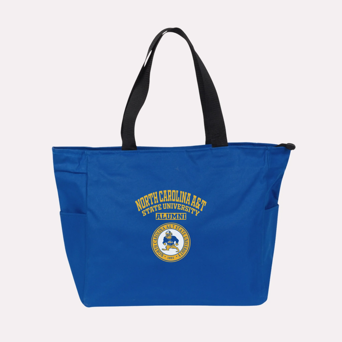 A royal blue custom college apparel tote bag, a great souvenir for university alumni.