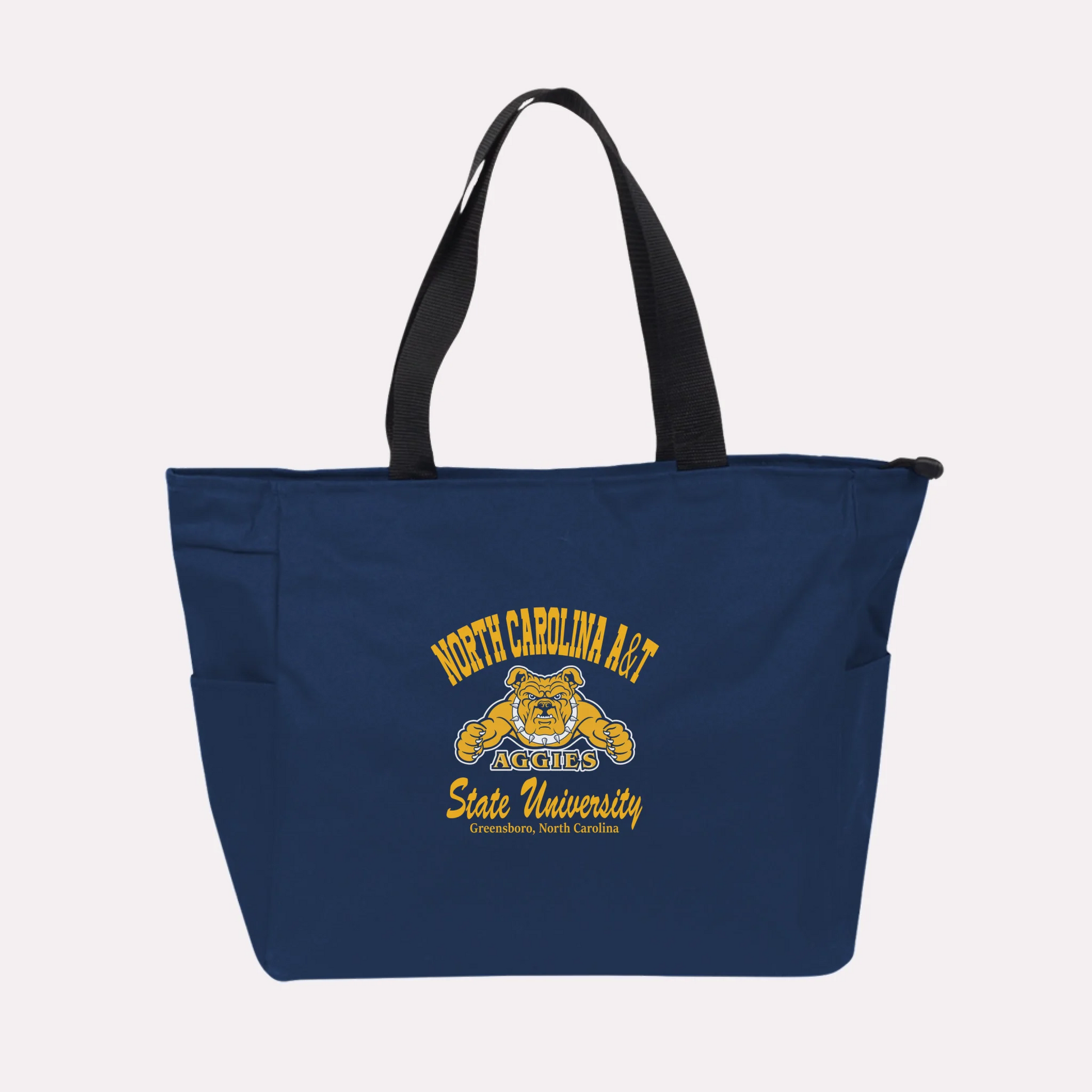 A royal blue custom college apparel tote bag, a great souvenir for university alumni.
