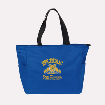 A royal blue custom college apparel tote bag, a great souvenir for university alumni.