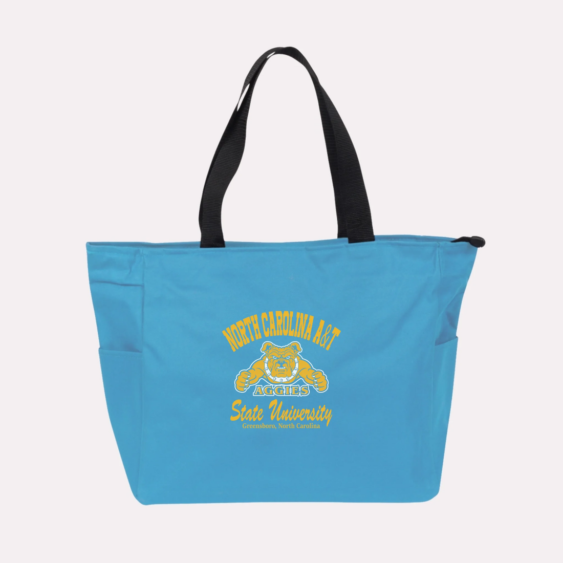 A royal blue custom college apparel tote bag, a great souvenir for university alumni.