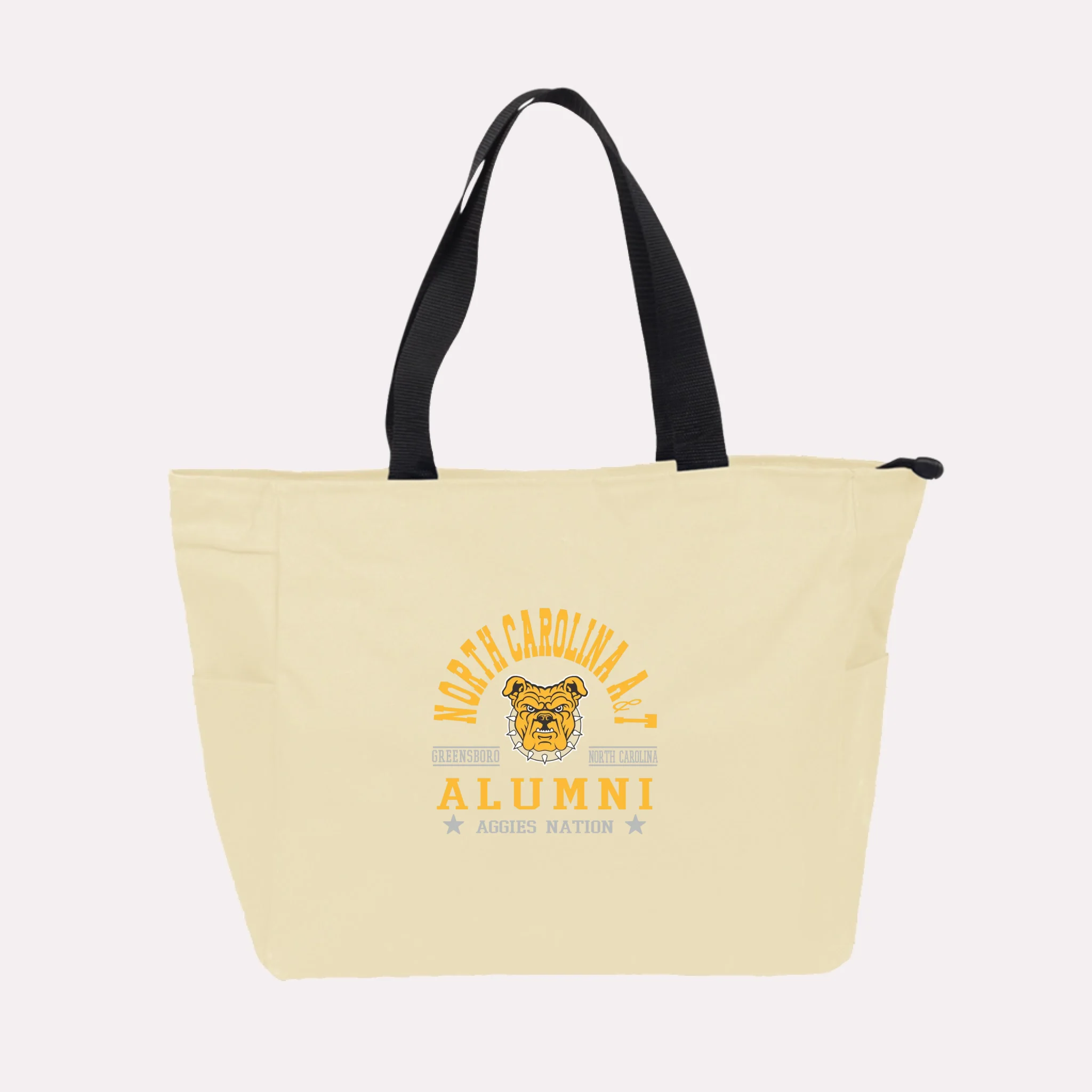 A royal blue custom college apparel tote bag, a great souvenir for university alumni.
