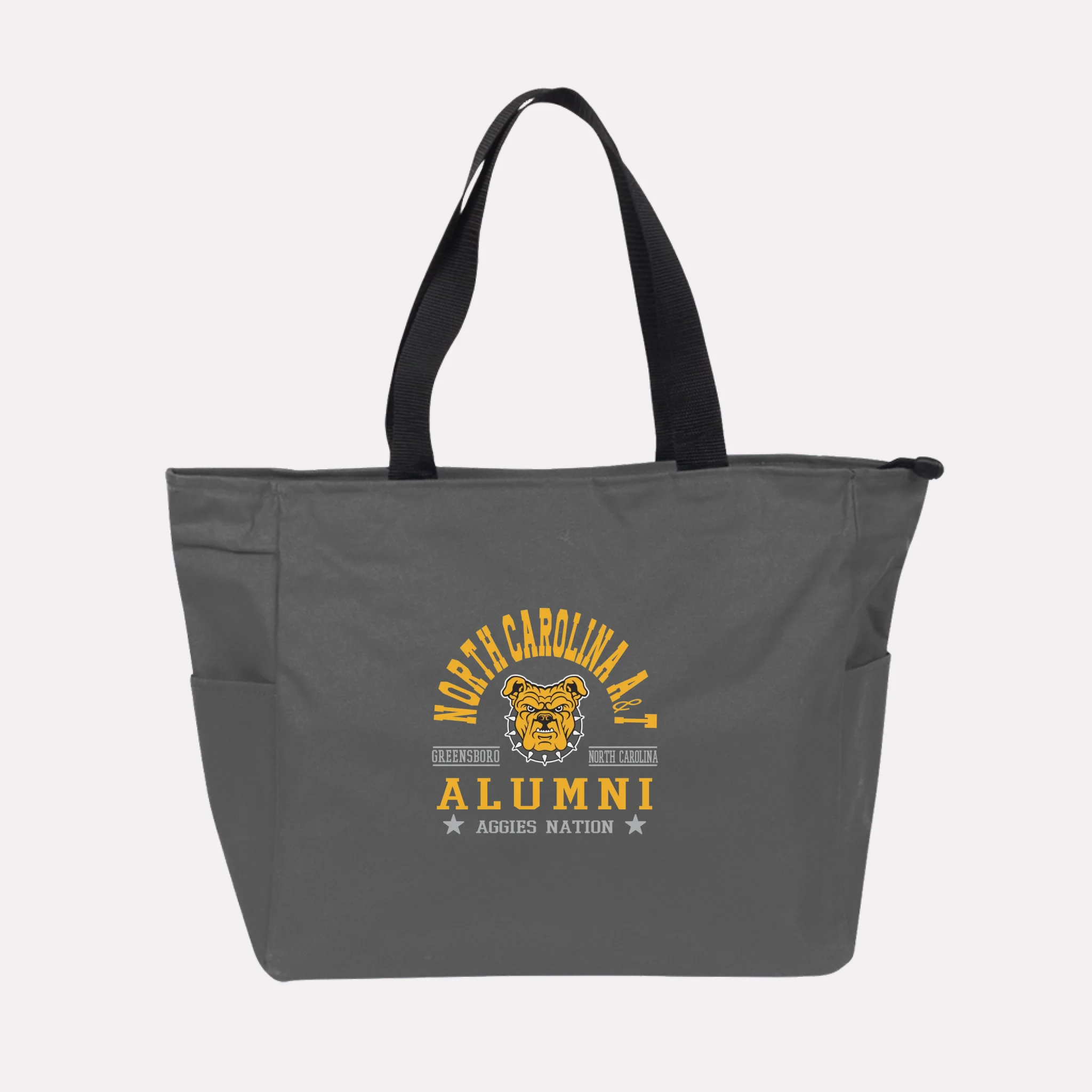 A royal blue custom college apparel tote bag, a great souvenir for university alumni.
