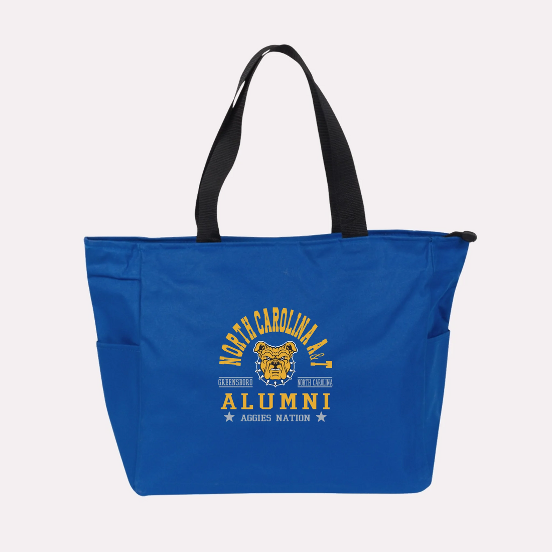A royal blue custom college apparel tote bag, a great souvenir for university alumni.
