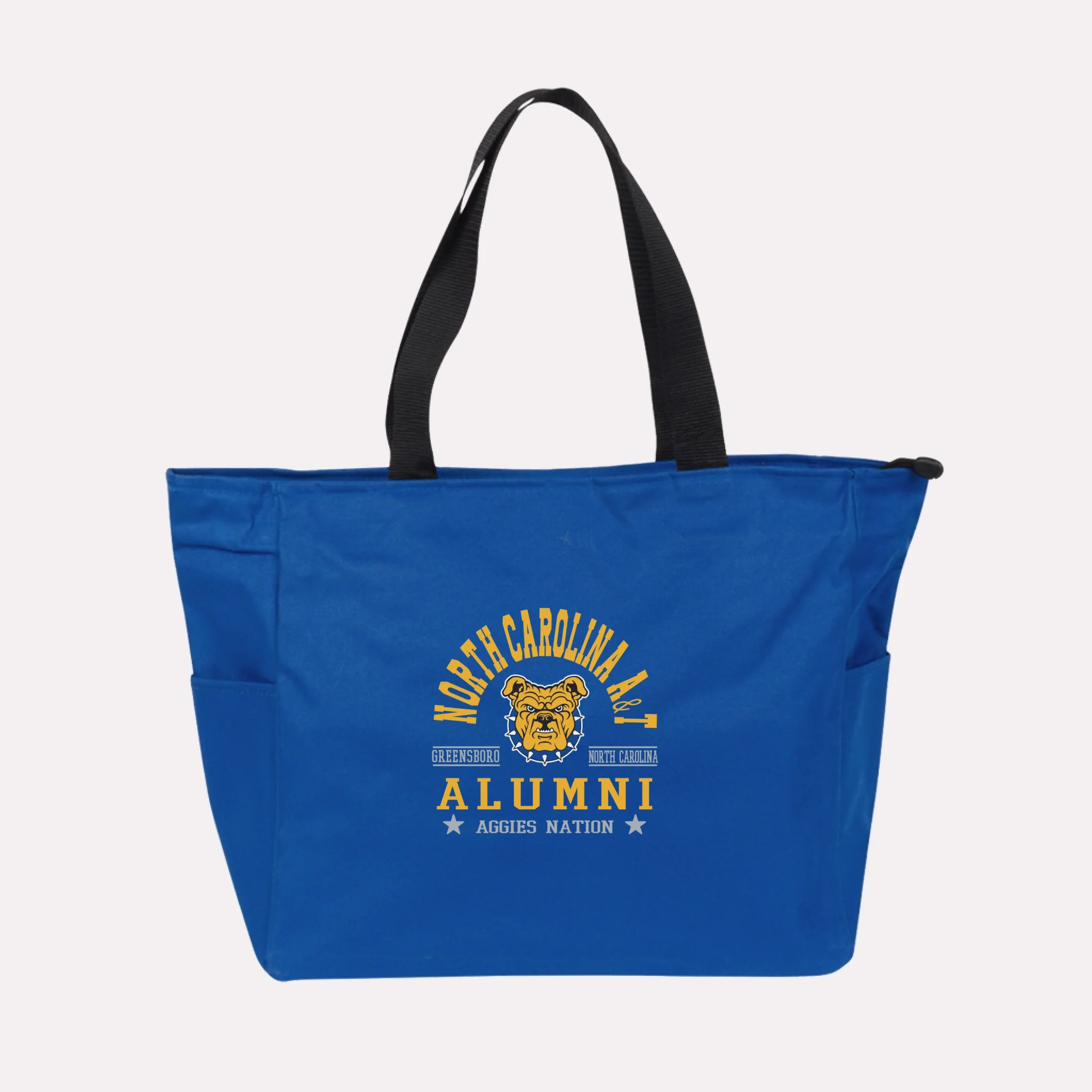 A royal blue custom college apparel tote bag, a great souvenir for university alumni.