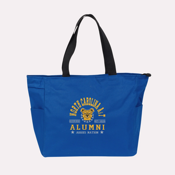 A royal blue custom college apparel tote bag, a great souvenir for university alumni.