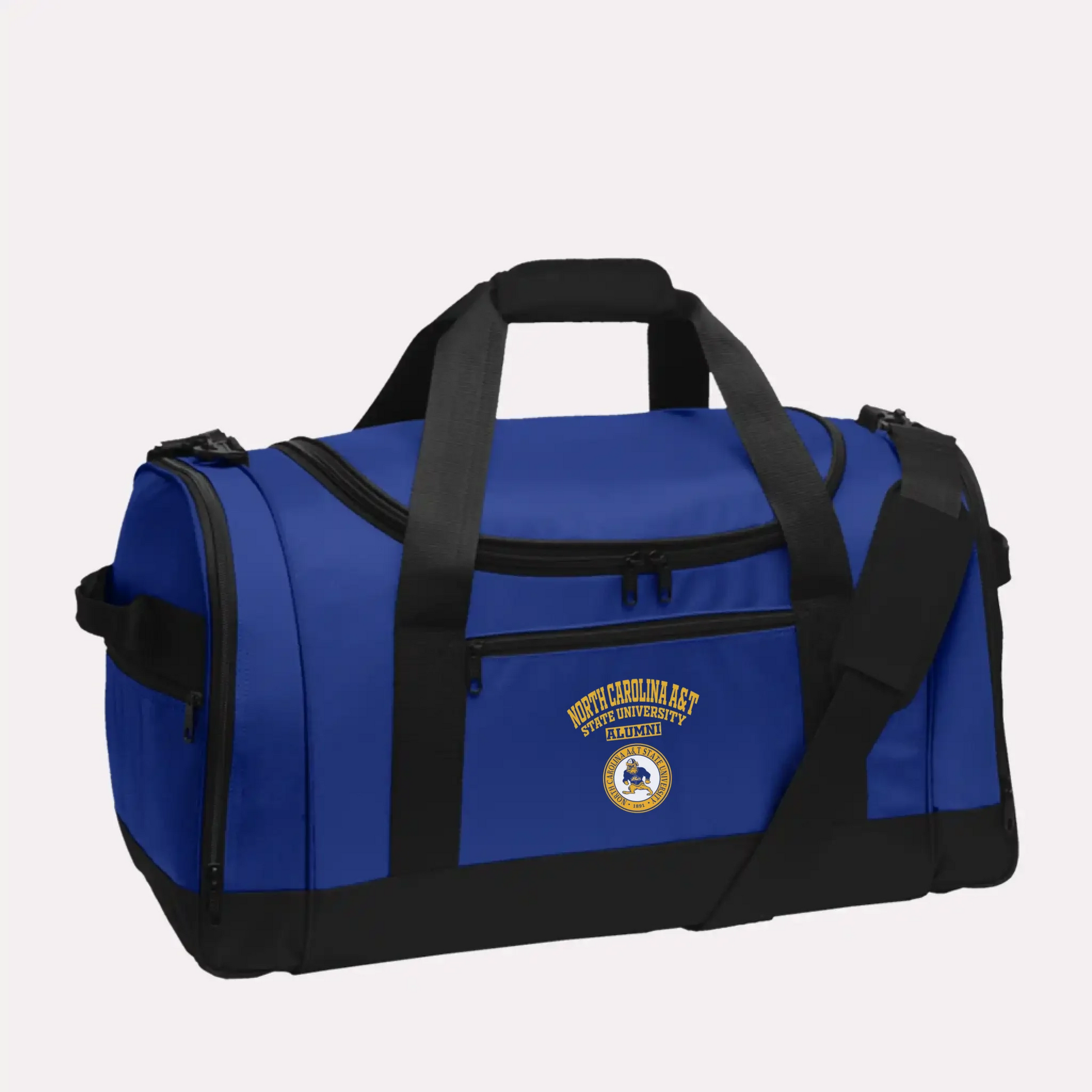 A royal blue custom alumni Voyager duffel bag, personalized with a classic school logo for proud graduates.