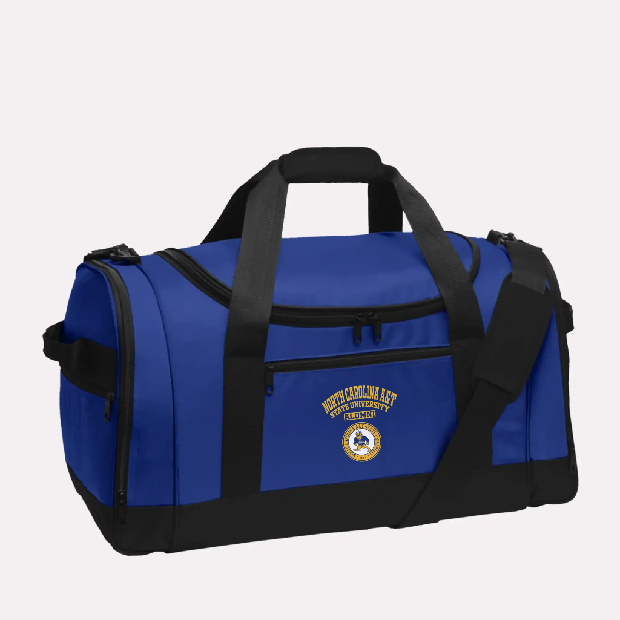 A royal blue custom alumni Voyager duffel bag, personalized with a classic school logo for proud graduates.