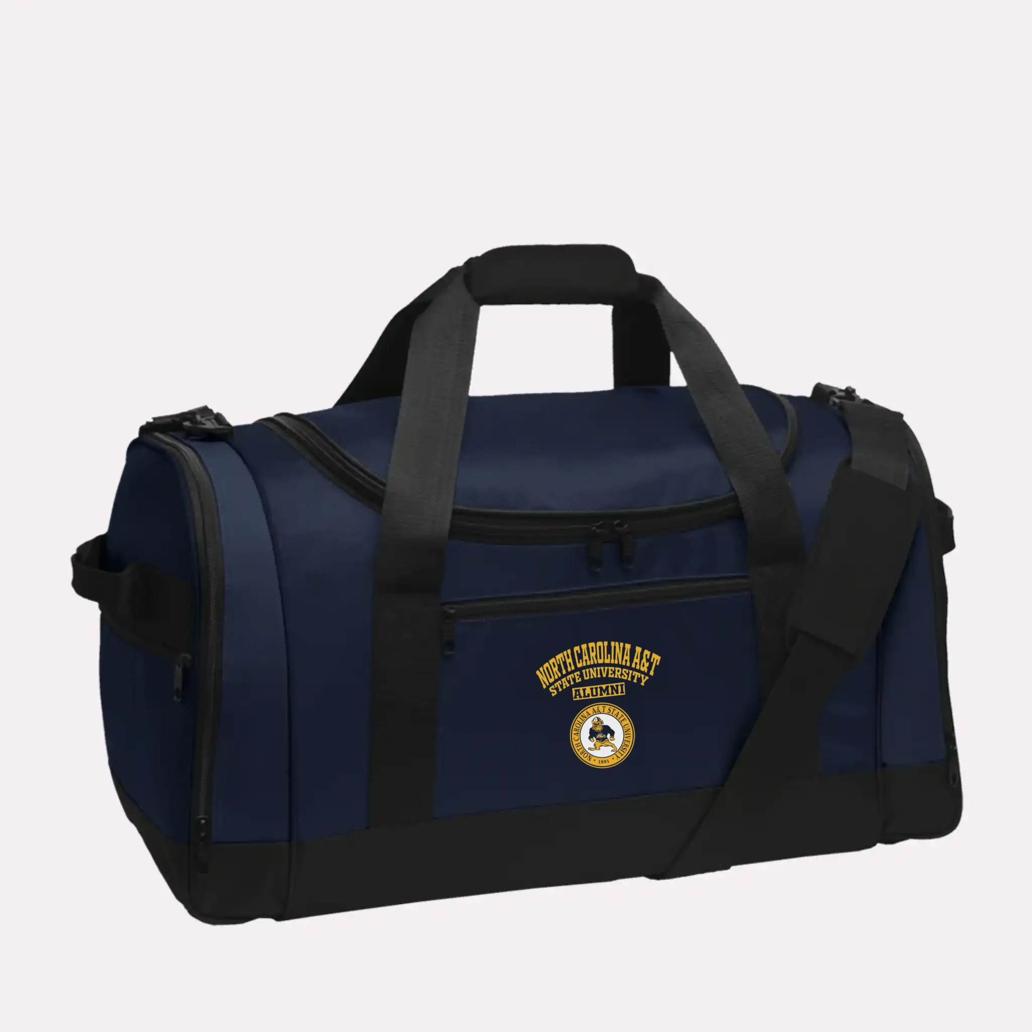 A timeless navy blue college travel bag for alumni, featuring a personalized school logo on a durable duffel.