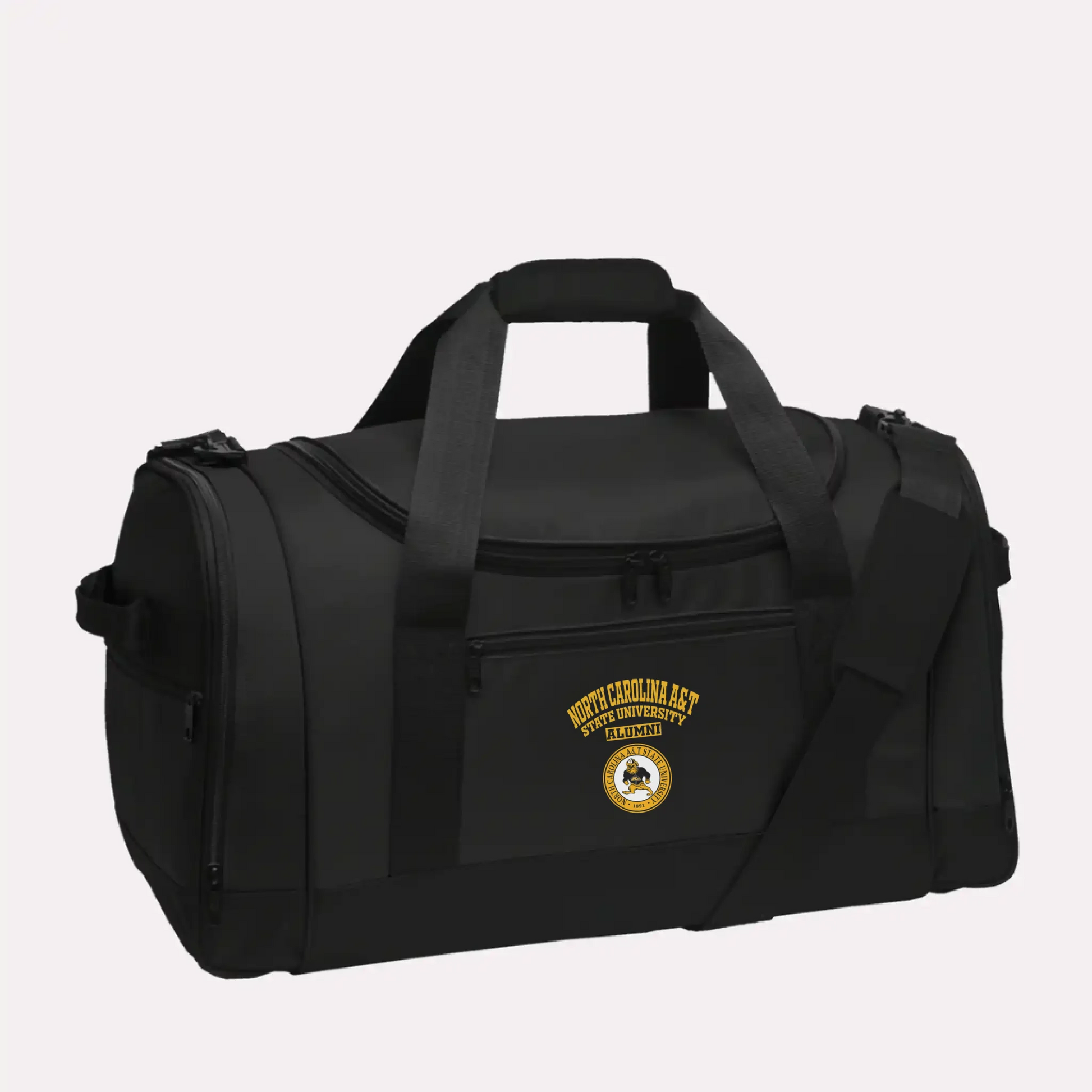 A durable black Voyager sports duffel, a great piece of personalized university gear for any alumnus.