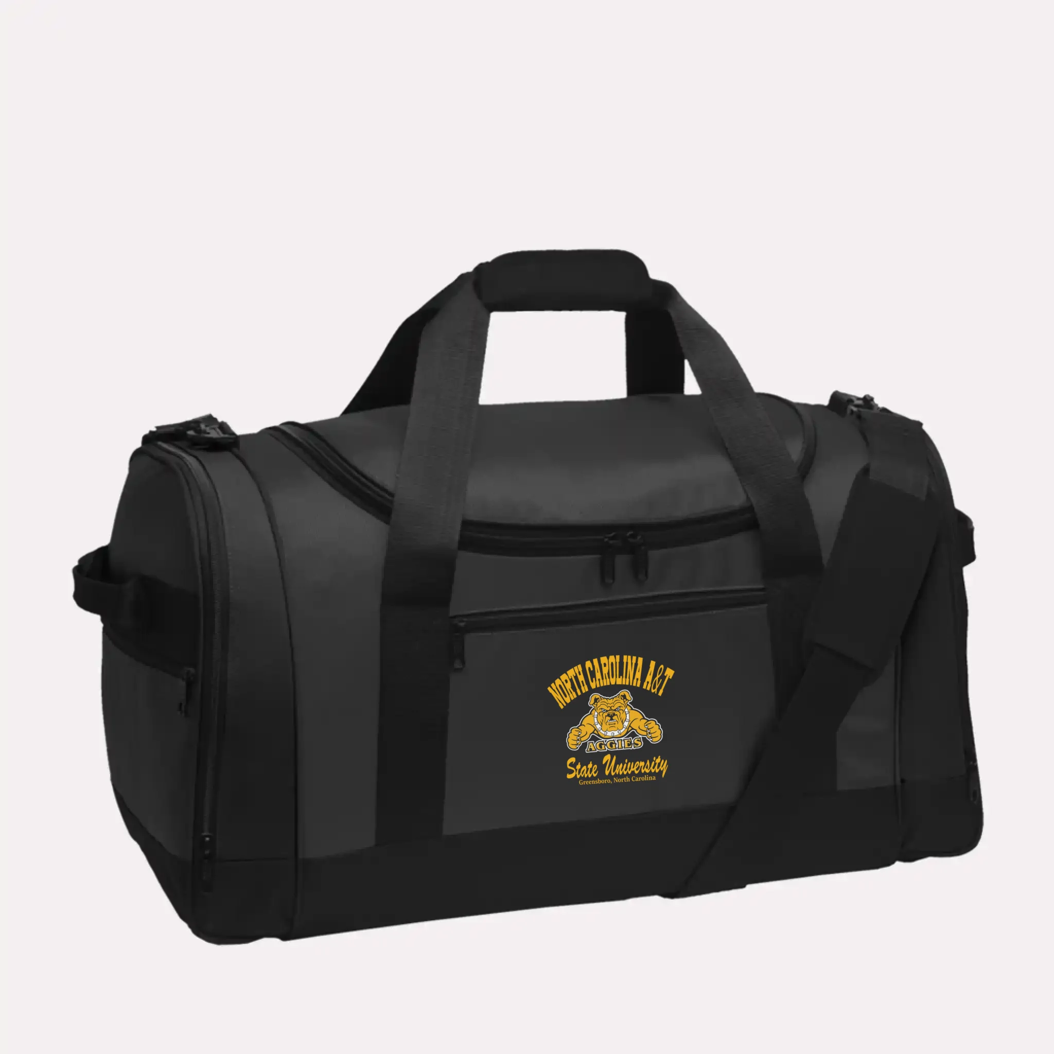 A charcoal grey custom alumni travel bag, the perfect size for a class reunion weekend.