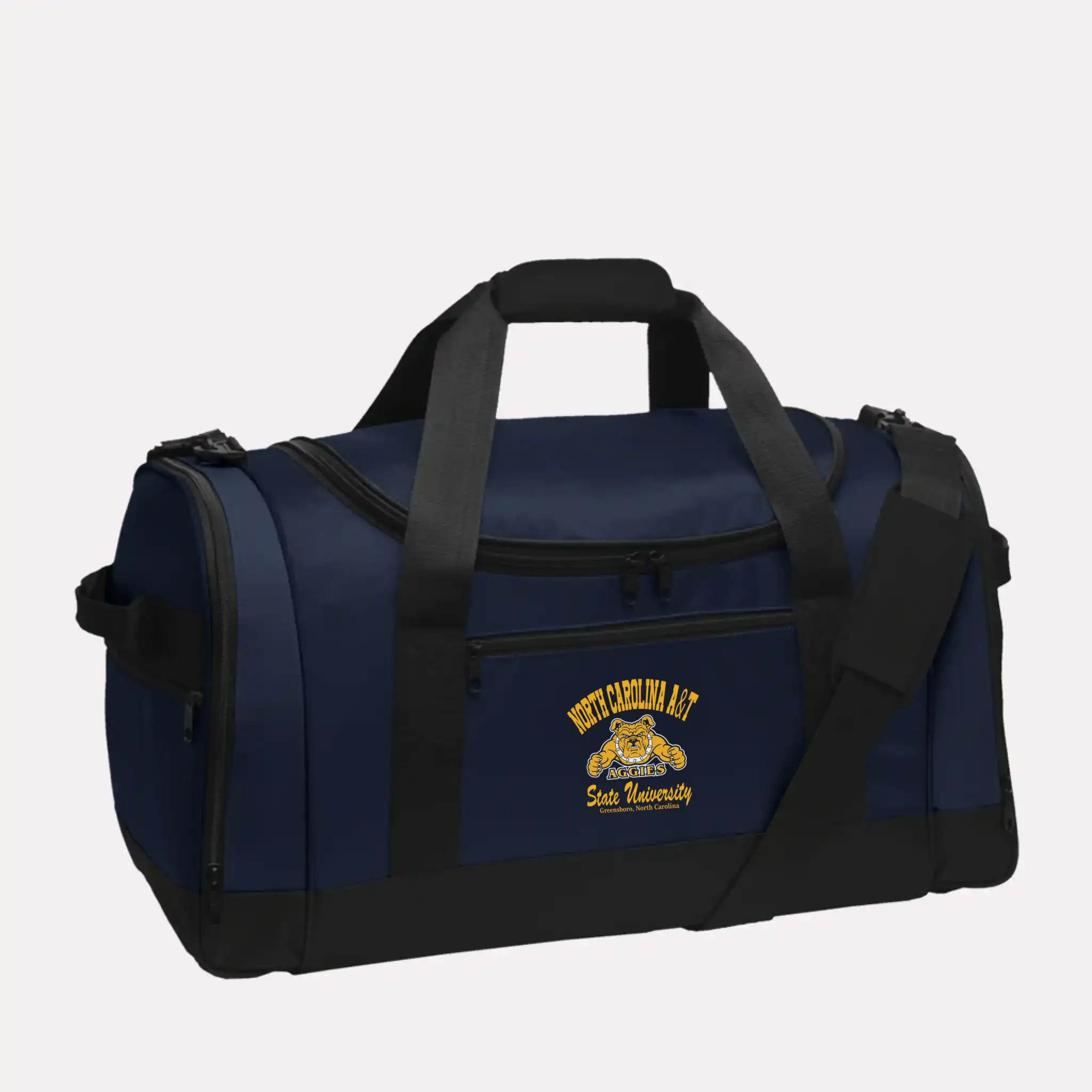 A timeless navy blue college travel bag for alumni, featuring a personalized school logo on a durable duffel.