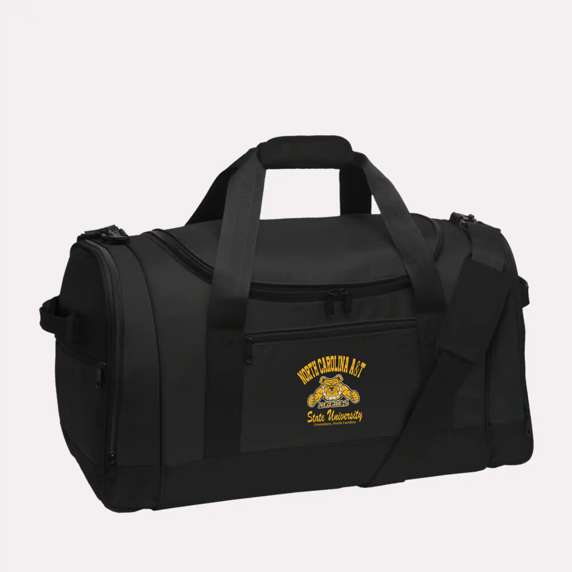 A durable black Voyager sports duffel, a great piece of personalized university gear for any alumnus.