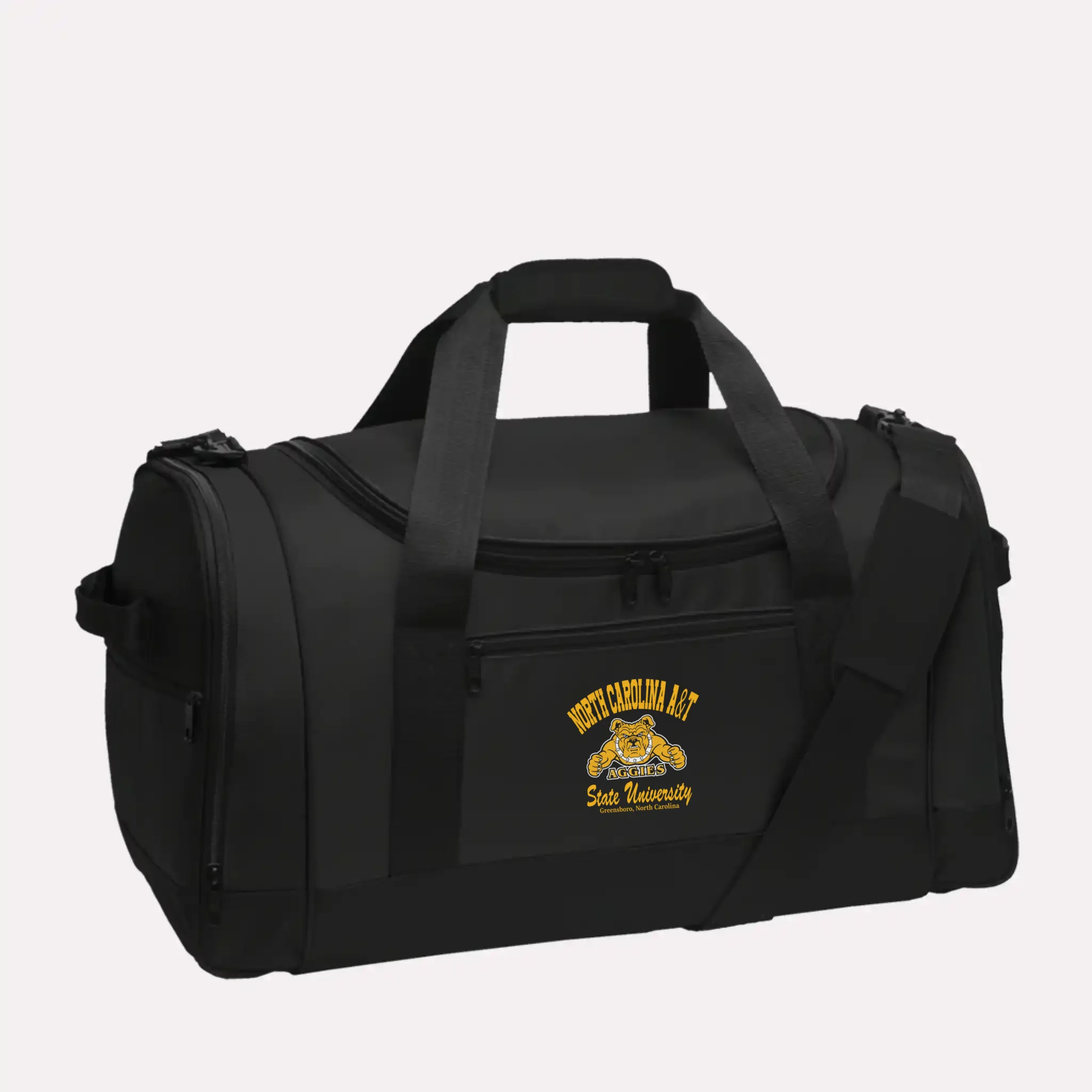 A durable black Voyager sports duffel, a great piece of personalized university gear for any alumnus.