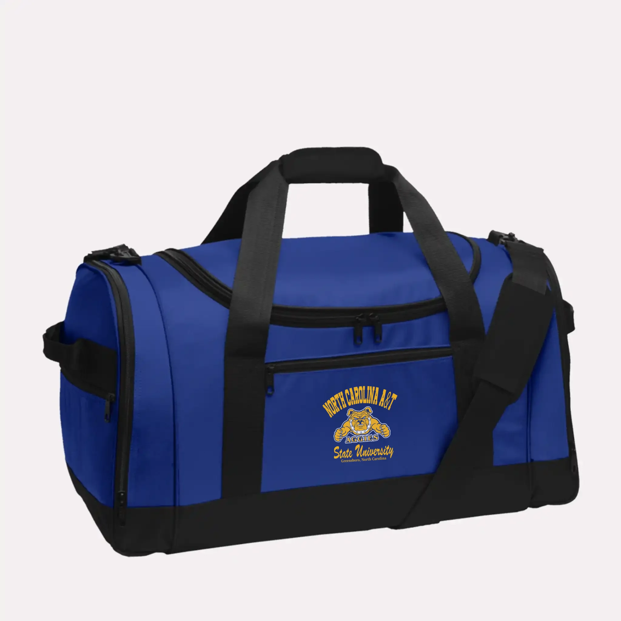 A royal blue custom alumni Voyager duffel bag, personalized with a classic school logo for proud graduates.