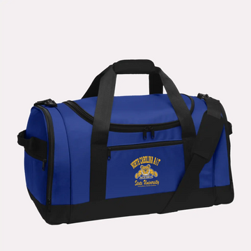 A royal blue custom alumni Voyager duffel bag, personalized with a classic school logo for proud graduates.