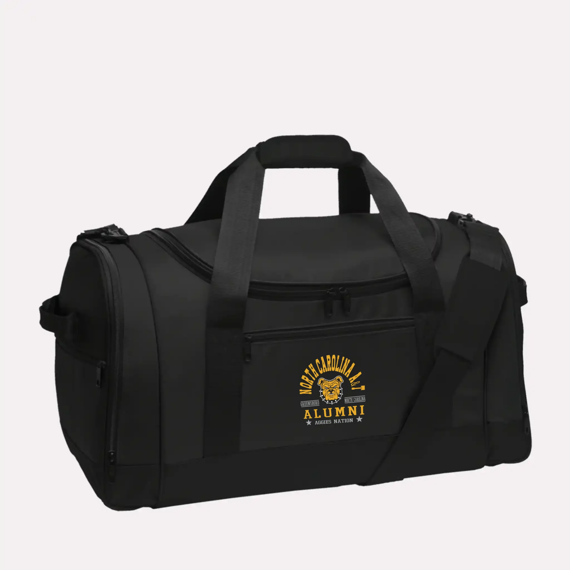 A durable black Voyager sports duffel, a great piece of personalized university gear for any alumnus.