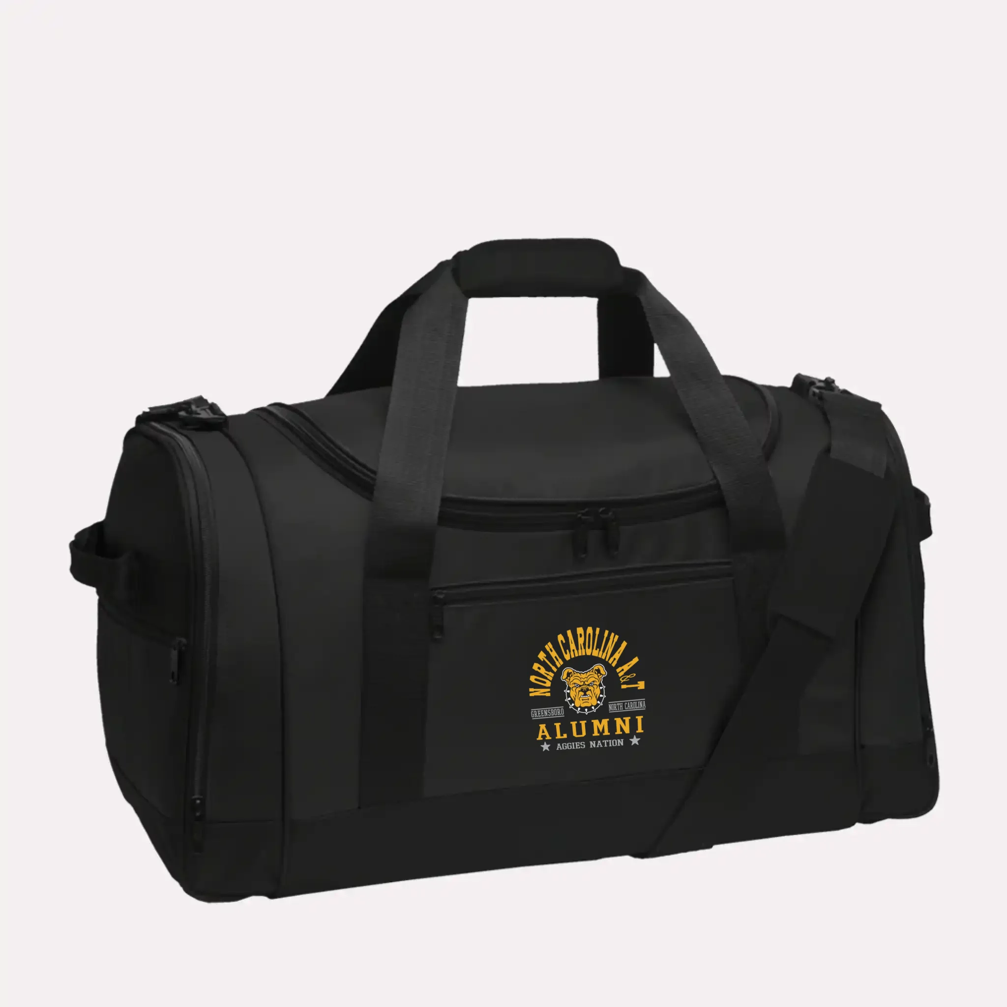A durable black Voyager sports duffel, a great piece of personalized university gear for any alumnus.