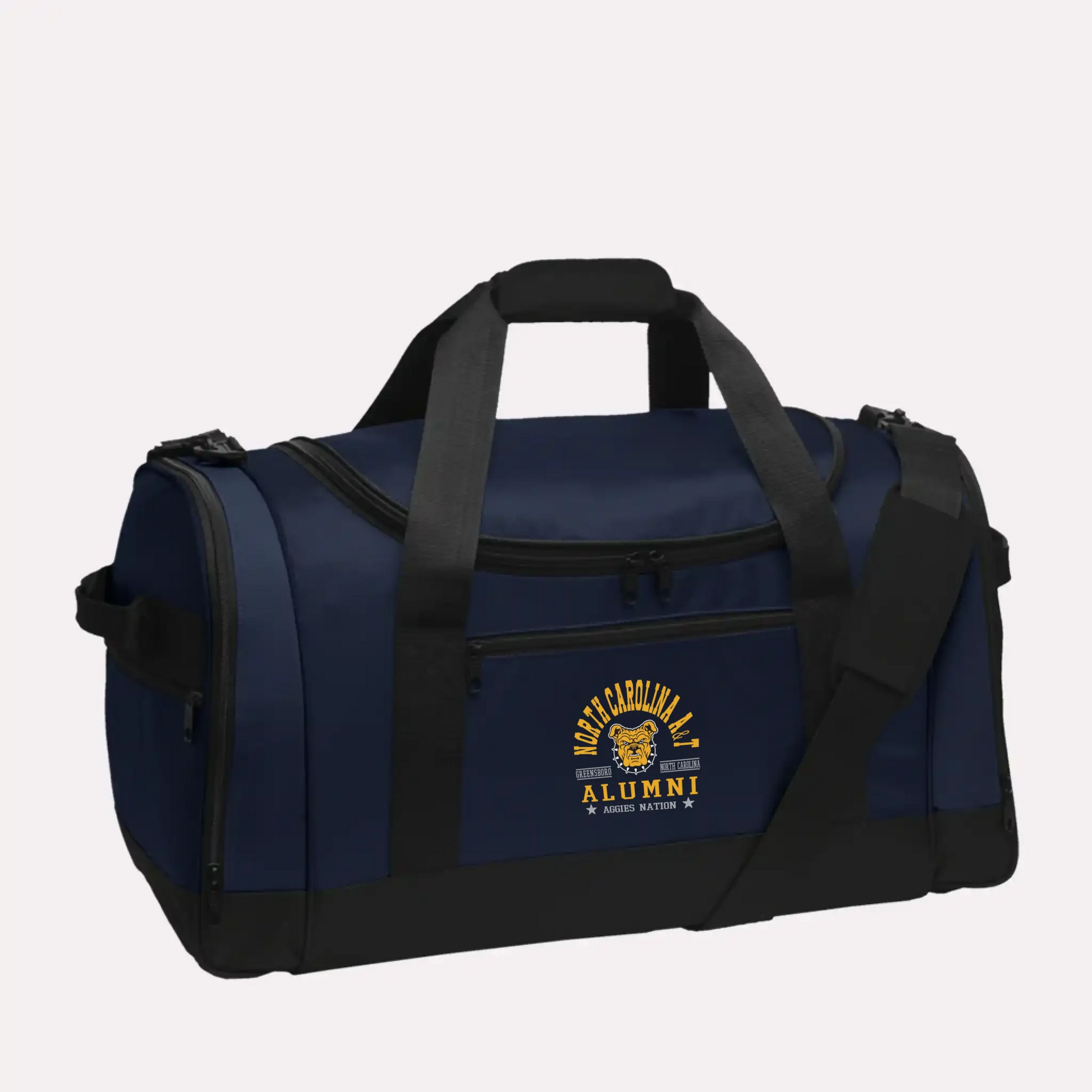 A timeless navy blue college travel bag for alumni, featuring a personalized school logo on a durable duffel.