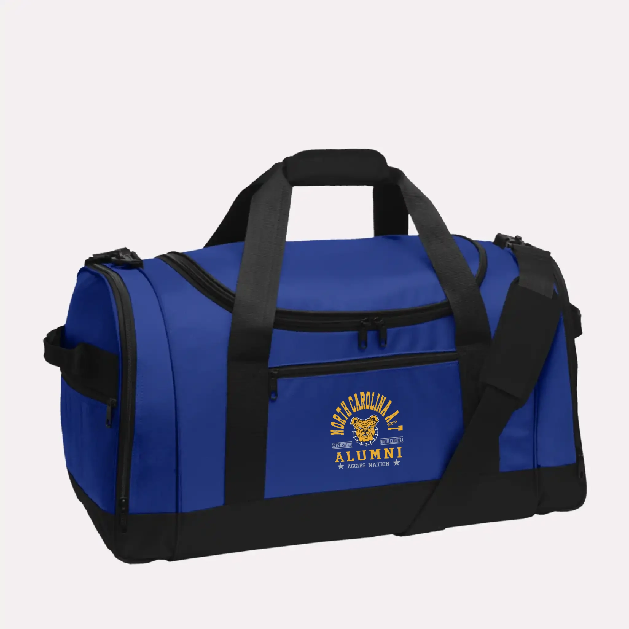 A royal blue custom alumni Voyager duffel bag, personalized with a classic school logo for proud graduates.