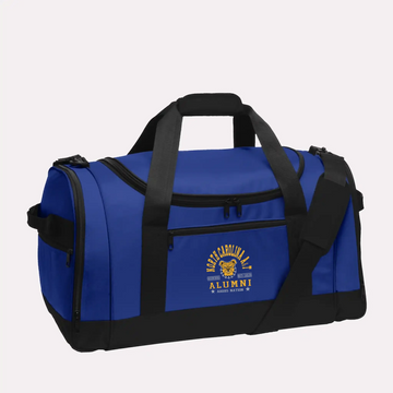 A royal blue custom alumni Voyager duffel bag, personalized with a classic school logo for proud graduates.